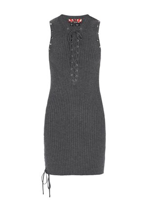 Rochie fără mâneci, tricotată în nuanță de gri închis cu dungi, cu detalii cu șireturi în față și pe părți, siluetă mulată, cu etichetă XS/S.