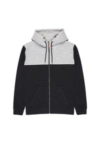 Felpa con cappuccio zip-up con sezione superiore grigia e sezione inferiore nera. Presenta una tasca frontale e cappuccio con coulisse. Texture liscia.
