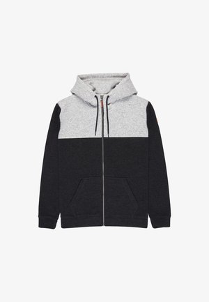 Hoodie met ritssluiting, met een grijs bovenstuk en een zwart onderstuk. Beschikt over een voorzak en een capuchon met koord. Gladde textuur.