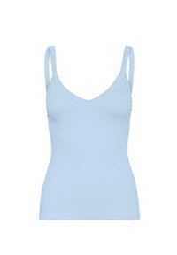 Débardeur côtelé bleu clair avec des fines bretelles et un décolleté en V, présentant une coupe ajustée et une texture de tissu lisse.