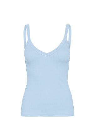 Top blu chiaro a costine con spalline sottili e scollatura a V, caratterizzato da una forma aderente e una texture del tessuto liscia.