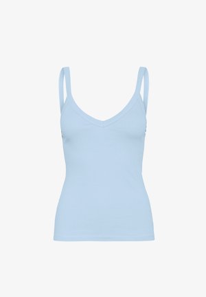 Top blu chiaro a costine con spalline sottili e scollatura a V, caratterizzato da una forma aderente e una texture del tessuto liscia.