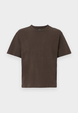 Brown cotton t-shirt with short sleeves and a round neckline. Smooth texture, minimalistic design, no patterns or additional details.