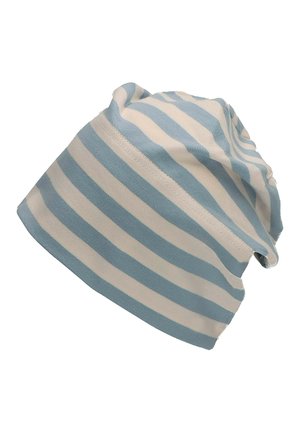 Cappello a righe in blu chiaro e crema. Realizzato in tessuto morbido con una vestibilità rilassata e bordo arrotolato. Texture liscia, design casual.