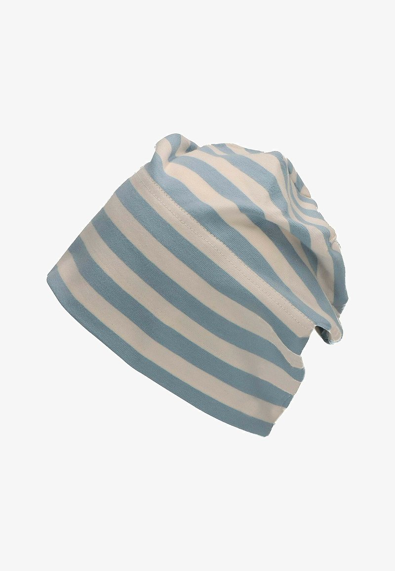Cappello a righe in blu chiaro e crema. Realizzato in tessuto morbido con una vestibilità rilassata e bordo arrotolato. Texture liscia, design casual.
