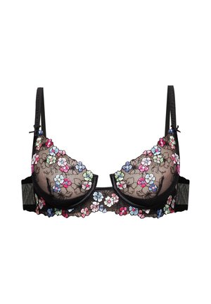 Schwarzer transparenter BH mit mehrfarbiger Blumengestickung, Bügel-Cups, verstellbaren Trägern und Haken- und Ösenverschluss auf der Rückseite.