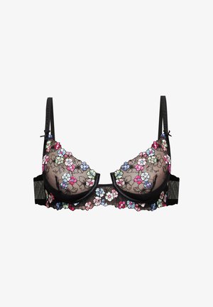 Reggiseno nero trasparente con ricamo floreale multicolore, coppe con ferretto, spalline regolabili e chiusura con ganci sul retro.