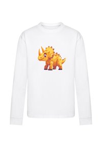 Weißes Langarmshirt mit einem bunten, cartoonartigen gelben Triceratops, der orangefarbene Akzente und einen freundlichen Gesichtsausdruck hat.