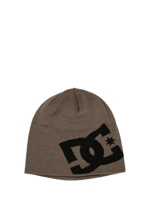Brown knitted beanie hat with large black stylized "DC" logo and star detail on the side.