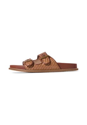Woven leather slide sandals in a brown color with two adjustable straps, a flat sole, and a textured surface for grip.