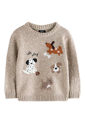 Beige gestrickter Kinderpullover mit gestickten verspielten Hunden, einem Knochen, einem Ball und dem Text "Lass uns spielen!" auf der Vorderseite.