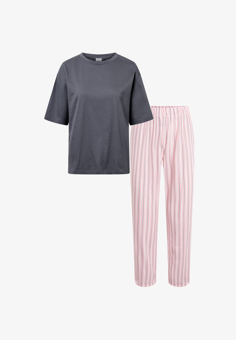 Grijze katoenen T-shirt met korte mouwen en een ronde hals, gecombineerd met roze gestreepte pyjamabroek met elastische tailleband.