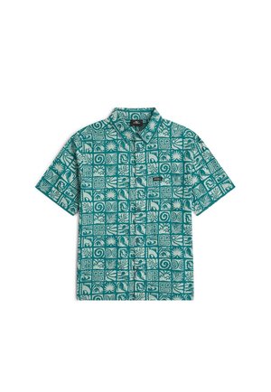 Korte mouwen blouse in teal met witte geometrische en bloemmotieven; katoenen stof; kraagkraag; relaxed fit.