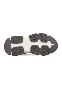 Suola di scarpa sportiva con un motivo in gomma testurizzata, principalmente grigia con accenti bianchi. Design del battistrada ondulato per una migliore trazione.