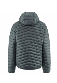Giacca a vento grigia con motivo a zig zag, dotata di cappuccio e texture liscia trapuntata. La vista posteriore mostra una vestibilità comoda.