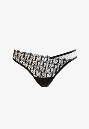 Zwarte kanten string met een wit hartpatroon, geschulpte randen en een transparante achterkant. Gemaakt van lichte stof voor comfort.