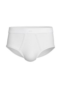 White cotton brief with a soft elastic waistband. Features a contour pouch, smooth texture, and minimalistic design with no visible patterns.