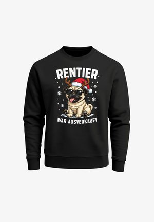Schwarzer Pullover mit einem Mops in Sonnenbrille, Rentiergeweih und Weihnachtsmannmütze. Der Text darüber und darunter lautet "RENNTIER" und "WAR AUSVERKAUFT."