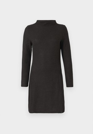 Schwarzes Langarmkleid mit hohem Kragen, gerippter Textur und taillierter Silhouette, das bis zur Mitte des Oberschenkels reicht.