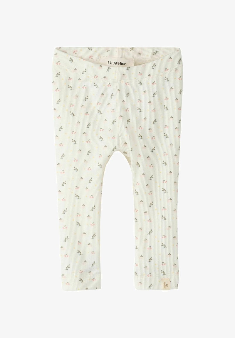 Leggings din bumbac cu nervuri, de culoare verde deschis, cu un model floral ce include flori roz și puncte galbene. Talie elastică, etichetă de marcă pe mansetă.