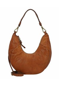 Borsa hobo in pelle marrone dalla forma arrotondata, con chiusura a zip, tracolla regolabile e dettagli in ottone. Texture liscia.