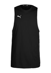 Juodas be rankovių sportinis marškinėlis, pagamintas iš lengvo audinio. Ant kairio krūtinės puikuojasi baltas Puma logotipas, o marškinėlių kaklas yra apvalus.