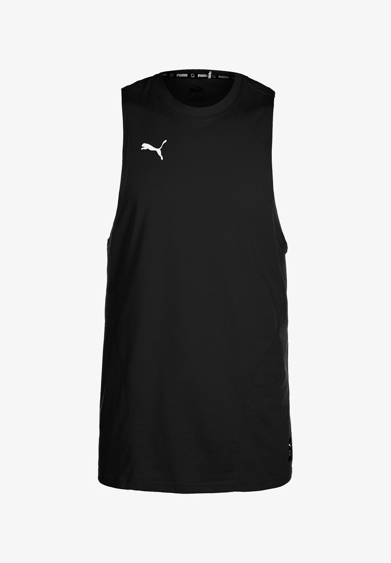 Juodas be rankovių sportinis marškinėlis, pagamintas iš lengvo audinio. Ant kairio krūtinės puikuojasi baltas Puma logotipas, o marškinėlių kaklas yra apvalus.