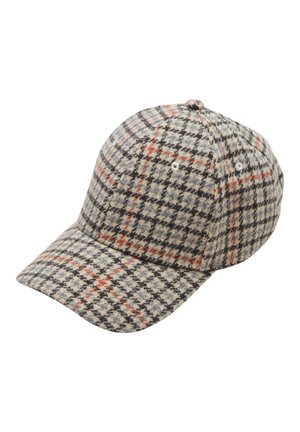 Casquette de baseball avec motif pied-de-poule et carreaux gris et beige, avec de fines lignes orange et noires.