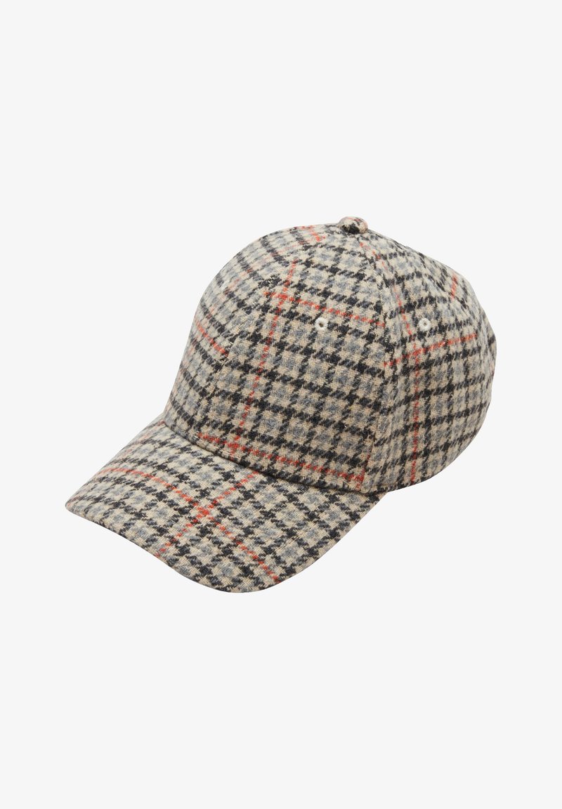 Casquette de baseball avec motif pied-de-poule et carreaux gris et beige, avec de fines lignes orange et noires.