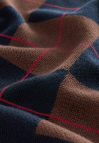 Zmesová tkanina z vlny s károvaným vzorom v hnedej a námornej farbe, ktorá má výraznú červenú pruh. Mäkky, textúrovaný povrch s záhybmi.