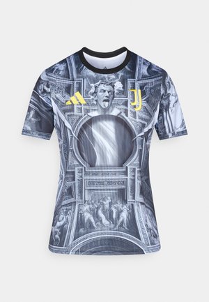 Tummalla graafisella designilla varustettu lyhythihainen urheilupaita, jossa on klassisen taiteen motiiveja. Materiaalit näyttävät sileiltä ja malli on vartalonmyötäinen.