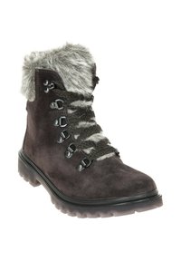 Ciemnoszare zamszowe buty trekkingowe z sztucznym futrem, zielonymi sznurówkami i metalowymi oczkami. Posiadają grubą, teksturowaną gumową podeszwę zapewniającą przyczepność.