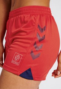 Pantalones cortos deportivos rojos con una textura ligera, que cuentan con un acento azul marino y un patrón de franjas diagonales en el costado, así como un parche de logo.
