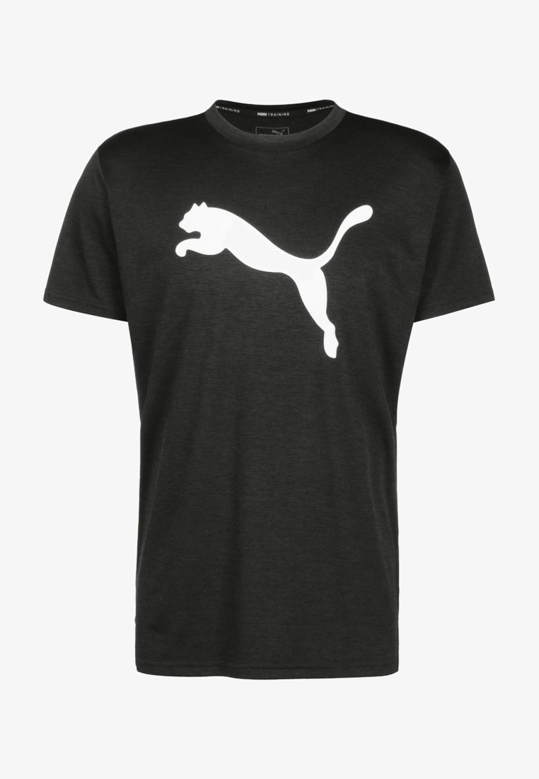 Černé bavlněné tričko s krátkým rukávem, uprostřed s velkým bílým logem skákající pumy. Jemná textura s kulatým výstřihem.