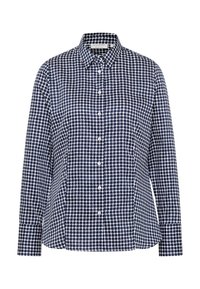 Camicia a maniche lunghe con bottoni, caratterizzata da un motivo geometrico blu e bianco, colletto classico e orlo leggermente curvo.
