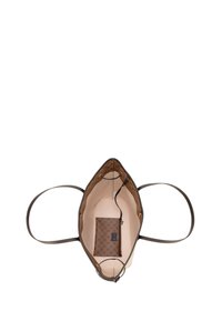 Tote taška s hnědým vzorovaným interiérem, světlým béžovým podšívkou a tmavými popruhy. Obsahuje zipovou kapsu a hladký kožený vzhled.