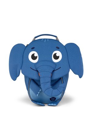 Blue children's backpack shaped like an elephant with large ears, a trunk, big eyes, and a small handle on top.