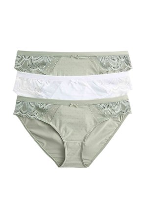 Tres pares de bragas para mujer: verde claro con lunares y encaje, blancas con borde de encaje y verde claro sólido con encaje.