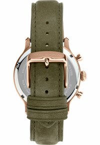 Roségoldene Edelstahl-Uhr mit grünem Lederarmband, ausgestattet mit einer polierten Schnalle und einem dezenten Ziffernblatt mit Chronographen-Details.