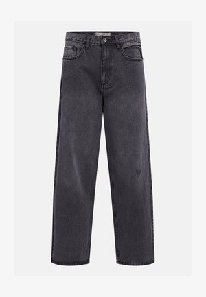 Svarte jeans med rette ben, knappelukking, beltehemper og fem-lommers design.