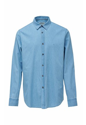 Camicia di jeans a maniche lunghe color azzurro chiaro con chiusura frontale a bottoni e colletto classico, design semplice con logo ricamato sottile sul petto.