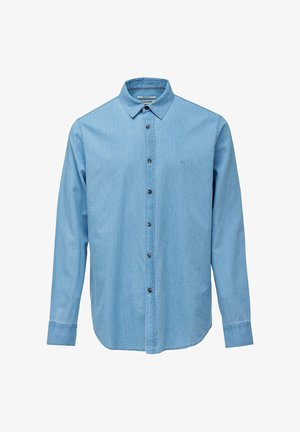 Svijetloplava traper košulja dugih rukava s kopčanjem na gumbe sprijeda i klasičnim ovratnikom, jednobojni dizajn s diskretnim ušivenim logotipom na prsima.