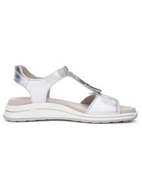 Silver metallic open-toe sandal with adjustable strap, cushioned beige footbed, and white rubber sole with slight heel.
