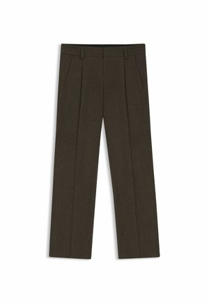 Brown tailored trousers with a textured fabric, featuring a straight cut, double pleats, and a flat front design.