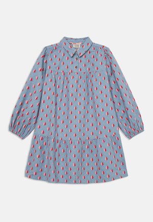 Blue dress with long puff sleeves, collar, and button detail. Features red and pink arrow patterns, and a tiered skirt design.