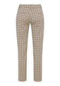 Gemusterte Hose mit einem beigen Hintergrund und einem geometrischen Design in Braun und Crème. Schmaler Schnitt, mittlere Leibhöhe und normale Taschen.