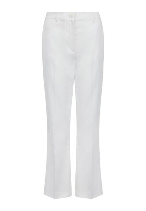 Weiße maßgeschneiderte Hose mit Knopf- und Reißverschluss, Gürtelschlaufen und geraden Beinen.