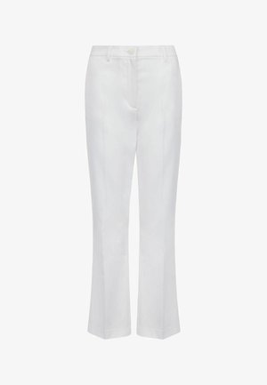 Weiße maßgeschneiderte Hose mit Knopf- und Reißverschluss, Gürtelschlaufen und geraden Beinen.