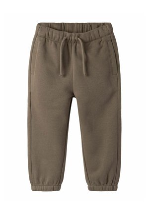 Pantalon de survêtement marron avec taille élastique, cordons et poignets élastiques, doté de poches latérales, conçu pour le confort et un usage décontracté.
