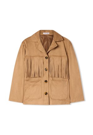 Giacca in suede beige con chiusura a bottoni, due grandi tasche e dettagli in frange sul petto. Finitura testurizzata e design del colletto caratteristici.